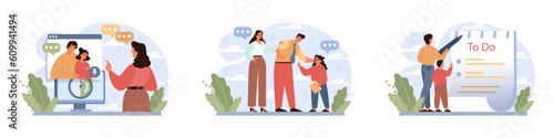Joint parenting set. Divorced spouses raising a child together. Joint physical