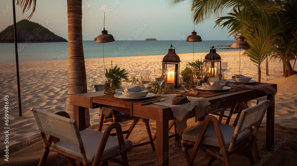 A Table Set up for a romantic meal on the beach with lanterns and chairs and flowers with palms and sky and sea in the background. Generative Ai