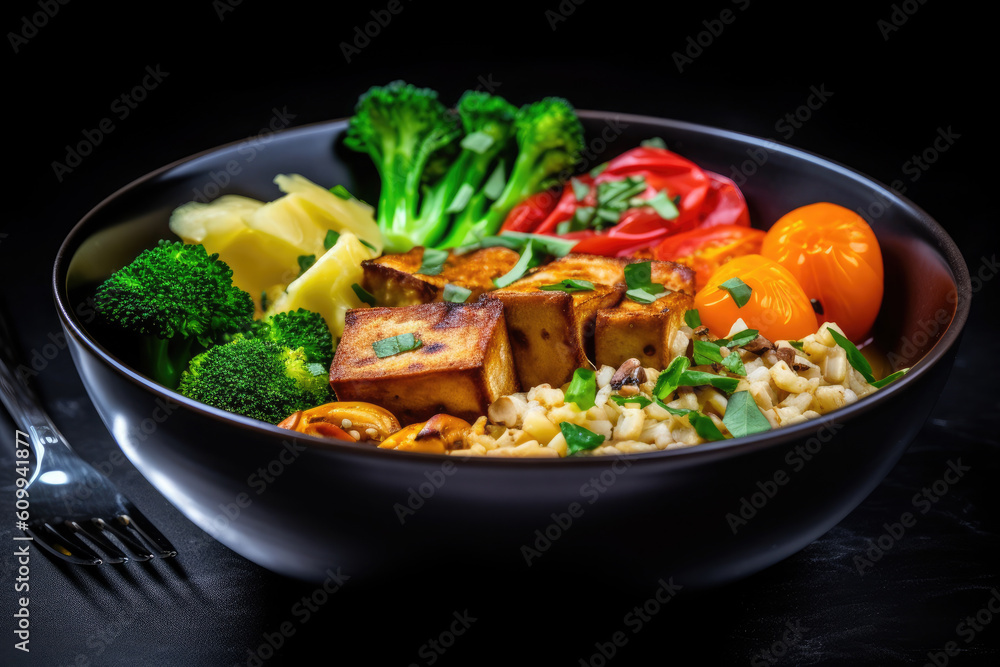 Buddha bowl of mixed vegetables, tofu cheese and groat on a black background. Gourmet and nutritious vegan meal. Healthy eating concept. Ai generative Buddha bowl of mixed vegetables, tofu cheese and groat on a black background. Gourmet and nutritious vegan meal. Healthy eating concept. Ai generative