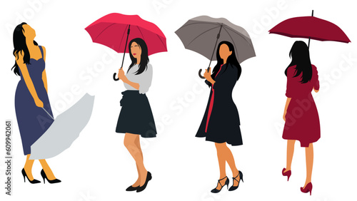 set of girls with umbrella flat colourful vector illustration