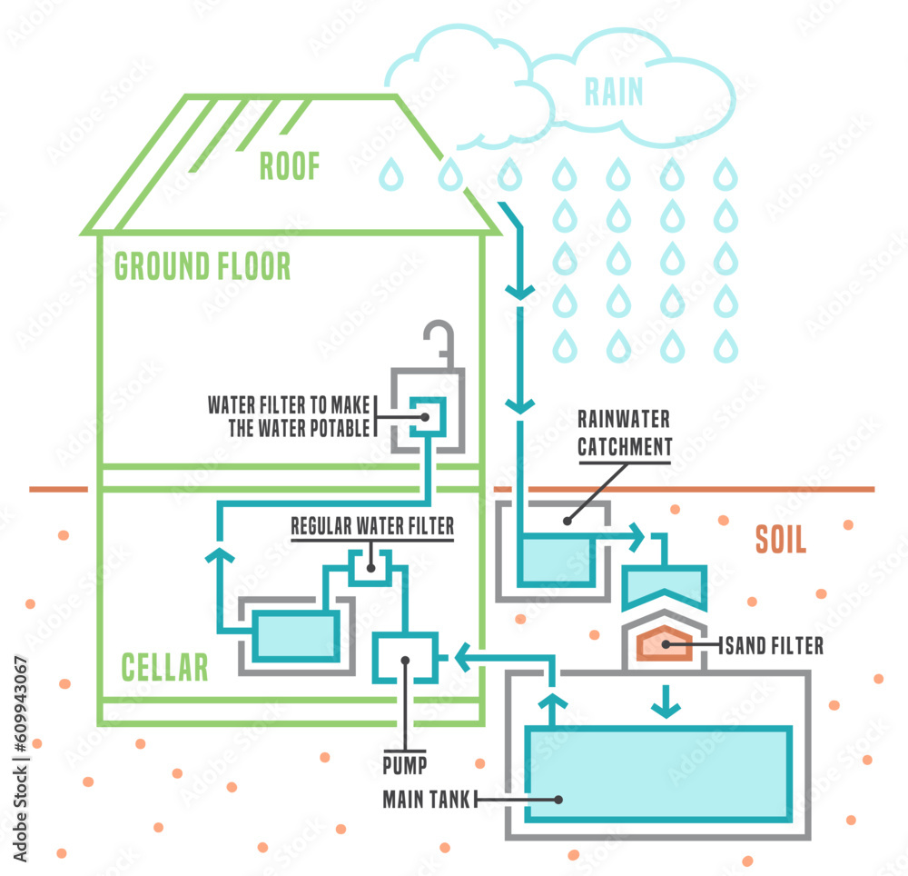 Rainwater harvesting scheme. Editable isolated vector illustration