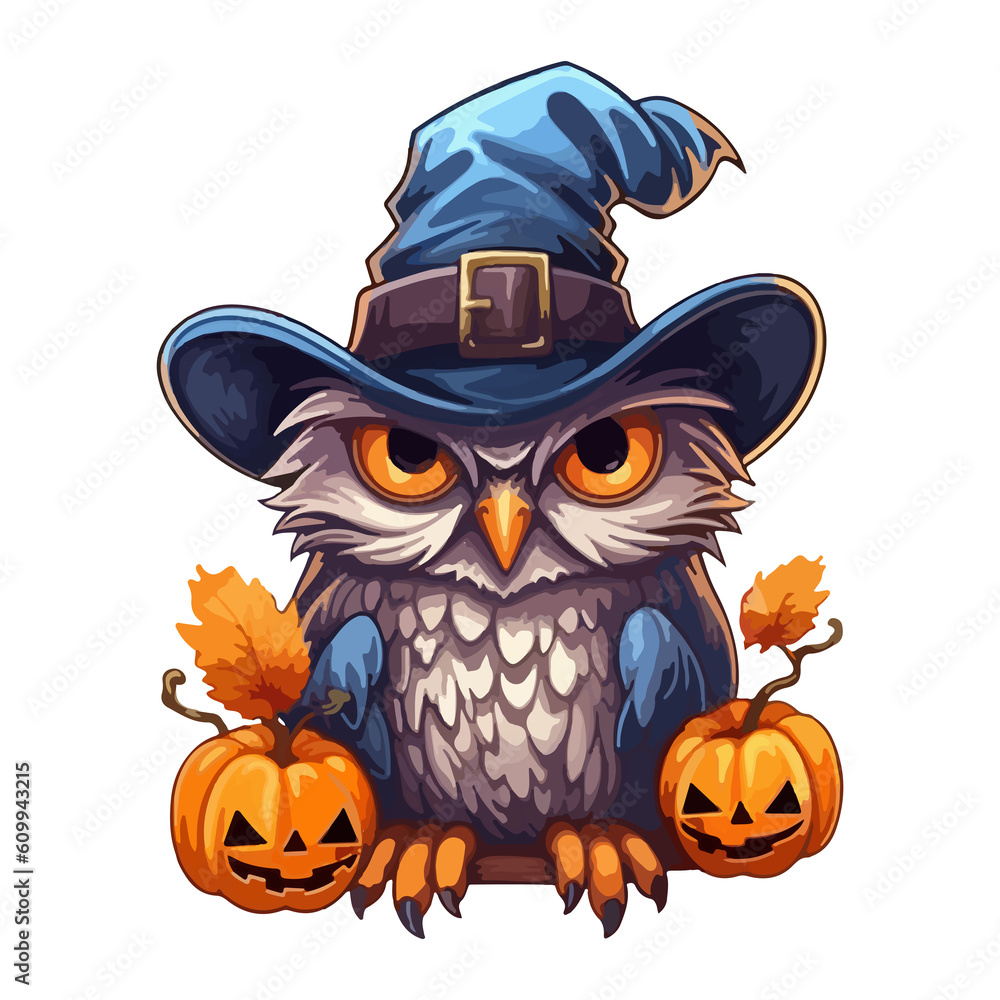 Cute funny owl with witch hat in Jack o lantern pop art style, owl with witch hat Sticker Cute funny owl with witch hat in Jack o lantern pop art style, owl with witch hat Sticker