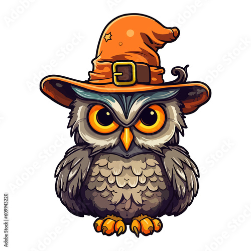 Cute funny owl with witch hat in Jack o lantern pop art style, owl with witch hat Sticker