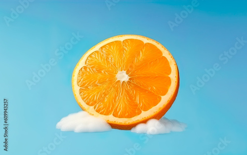 Orange slice in the blue  sky. Orange representing sun. Generative Ai illustration