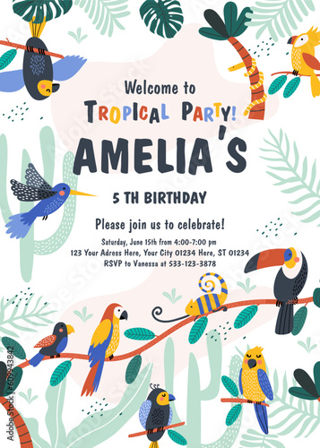Tropical party birthday card with tropical birds, palm leaves. Vector illustrations