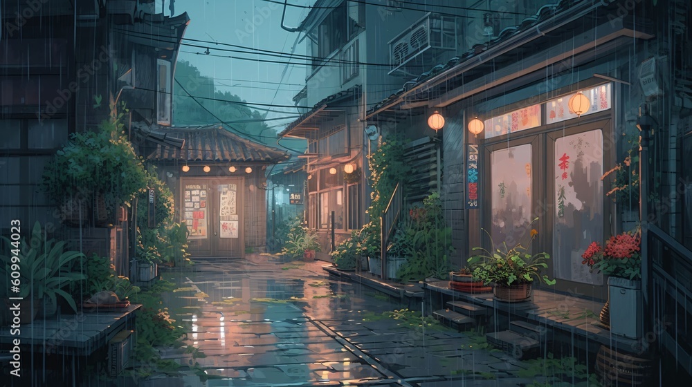 Fototapeta premium LOFI street illustration, colorful anime manga style wallpaper background design, Generative AI