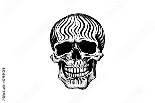Human skull in woodcut style. Vector engraving sketch illustration. © Artem