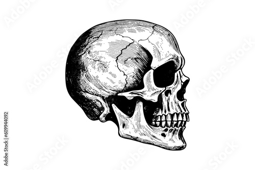 Human skull in woodcut style. Vector engraving sketch illustration.
