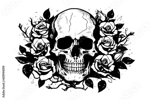 Human skull in a flower frame woodcut style. Vector engraving sketch illustration for tattoo and print design.