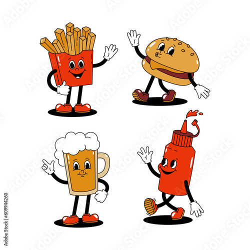 Vector set with cartoon retro mascots colored illustrations of walking street food. Vintage style 30s, 40s, 50s old animation. Stickers isolated on white background.