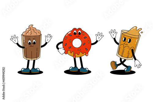 Vector set with cartoon retro mascots colored illustrations of walking glasses and donut. Vintage style 30s, 40s, 50s old animation. Stickers isolated on white background.