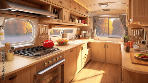 cozy kitchen interior in the trailer of mobile home or recreational vehicle. Generative Ai photo