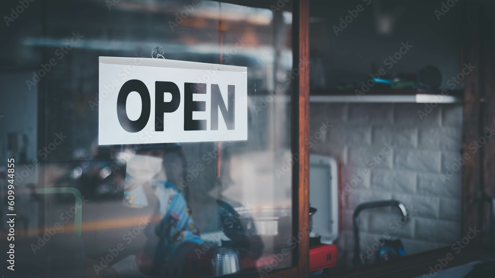 Cropped shot of Open sign. Business owners open prepare ingredieant to provide service after temporary close becuse Covid19. Food truck, Service