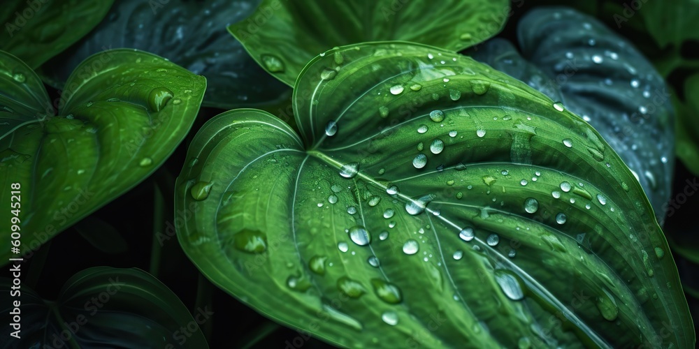 Obraz premium AI Generated. AI Generative. Beautiful wild nature outdoor green leaf with water drap. Aesthetics explore vibe. Graphic Art