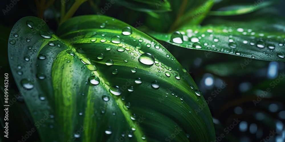Obraz premium AI Generated. AI Generative. Beautiful wild nature outdoor green leaf with water drap. Aesthetics explore vibe. Graphic Art
