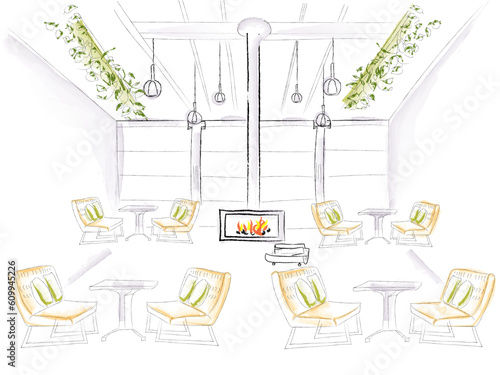 Interior design of a cafe vector watercolor. Beautiful green interior