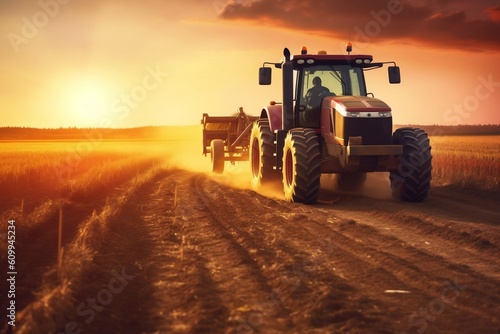 Sunset Harvest: Modern Tractor on the Field, Generated Ai