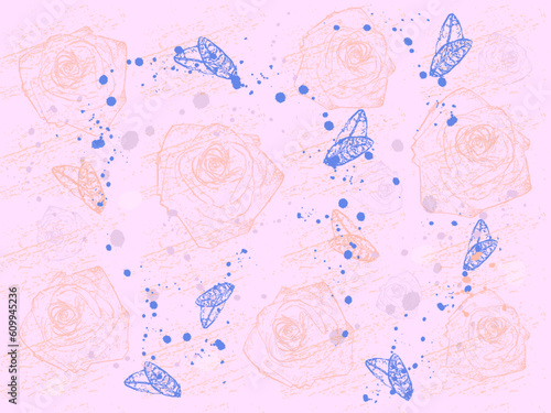 Roses pattern vector watercolor pink and blue background