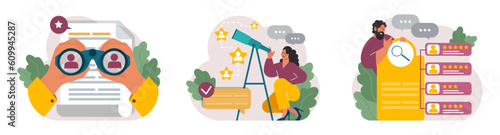 New customers search. Character looking through binoculars. Business