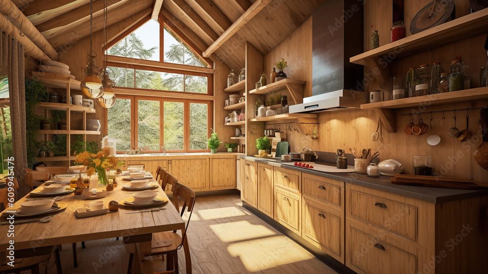 Kitchen interior in eco style and furniture made of natural wood. Generative Ai