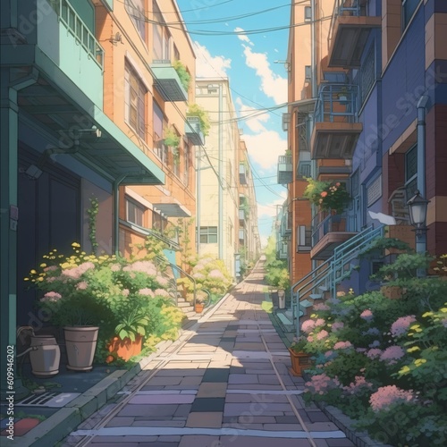 LOFI street, houses, anime manga style background wallpaper design, illustration, Generative AI © Filip