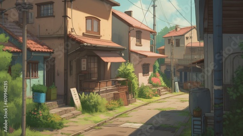 LOFI house on the streets, anime manga style illustration, background wallpaper © Filip