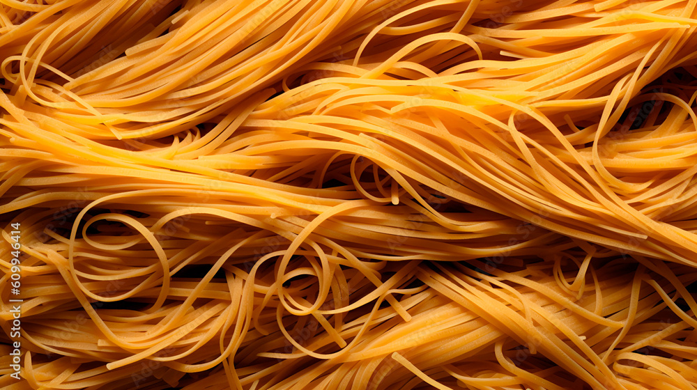 Spaghetti pile close up macro photo. Yellow Italian cuisine pasta dish. Noodles culinary menu restaurant poster