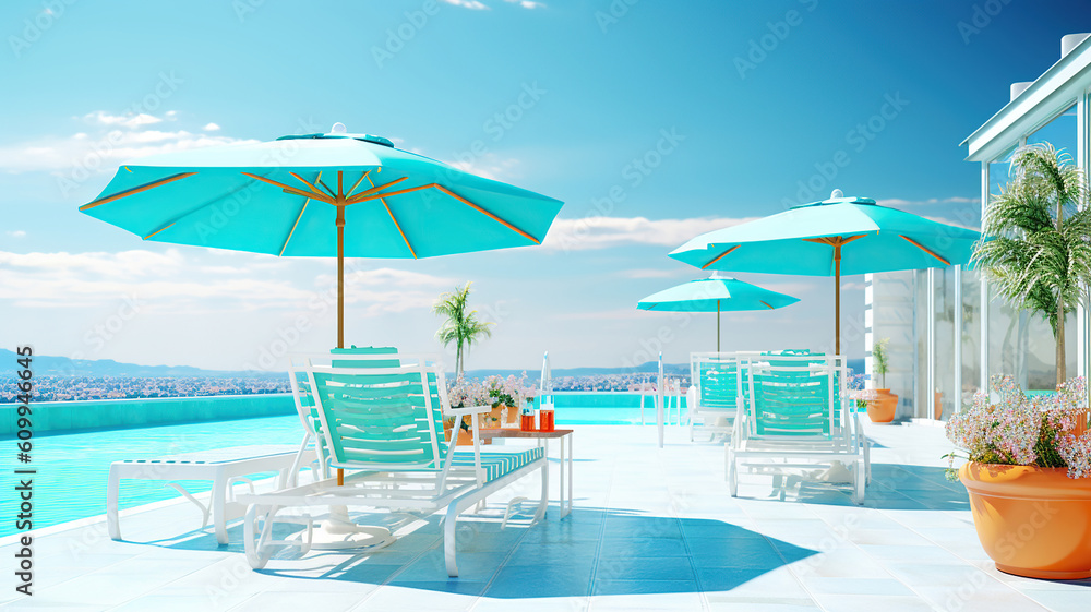 Fototapeta premium Summer vacation at poolside. Veranda decorated with deck chairs and umbrella with an ocean view with blue sky at sunny day. Generative Ai