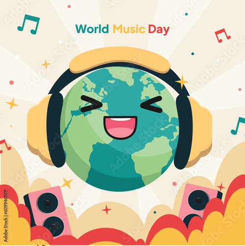 Happy Globe and World Singing with Headphone Celebrate World Music Day