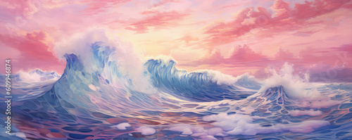 Heavenly sunset ocean wave front. Ocean waves with pink scarlet sky. Turquoise blue waters. Hand edited generative AI.