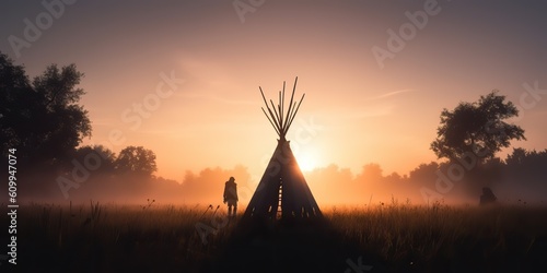 AI Generated. AI Generative. Native american western camping indian tent wigwam. Lonely fog mist mystic morning vibe. Graphic Art