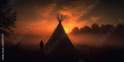 AI Generated. AI Generative. Native american western camping indian tent wigwam. Lonely fog mist mystic morning vibe. Graphic Art