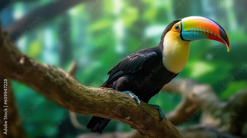 Fototapeta premium Toucan sitting on the branch in the forest. Generative Ai