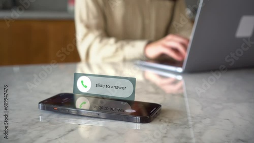 Receiving a phone call on mobile smart phone, animated icon with woman working on her laptop at background. Telecommunication phone call concept