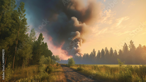 Countryside forest with cloudy sky covered by fire smoke during the evening. Generative Ai © PRI