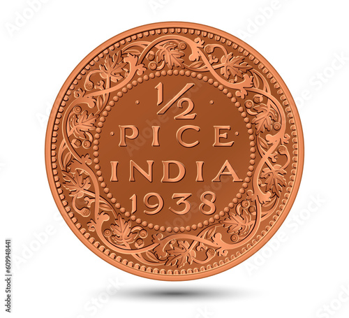 Indian antique bronze half pice coin on a white background. Isolated in vector illustration.