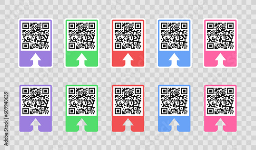 Set of vector frames with an arrow pointing to the qr code vector design. Scanning barcode banners graphic design