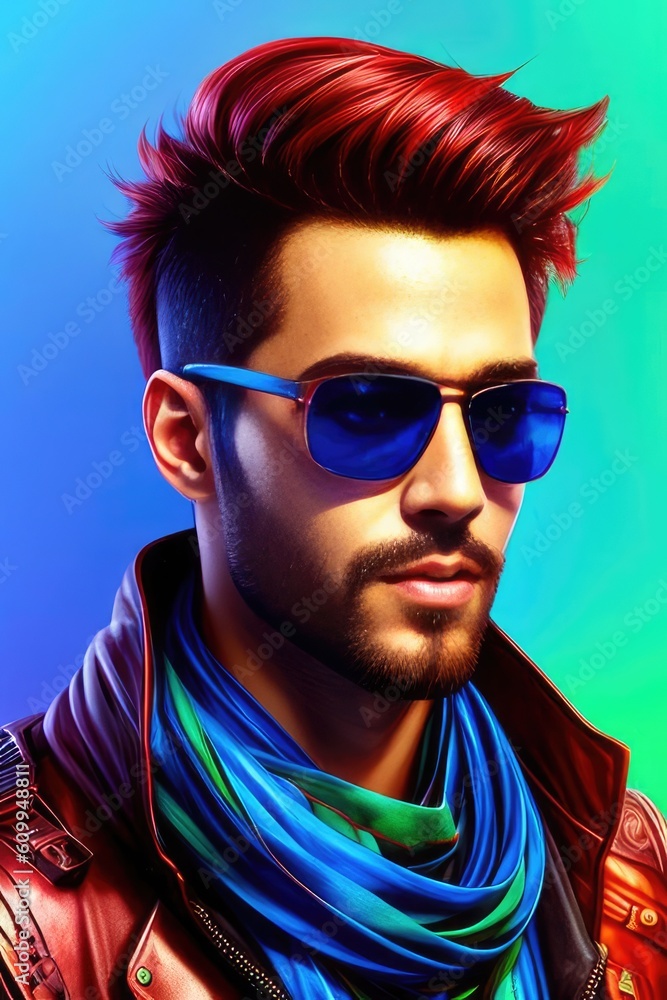 Brutal man hipster in sunglasses. Portrait of a man with a beard and mustache in clothes and hairstyle of neon colors background. The concept of a nightclub or disco. Generative AI