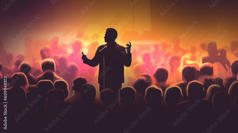 A Person with a Microphone Speaking in Public in Front of an Audience. Illustration for a Presentation or Motivational Talks and Tips. With Licensed Generative AI Technology Assistance.