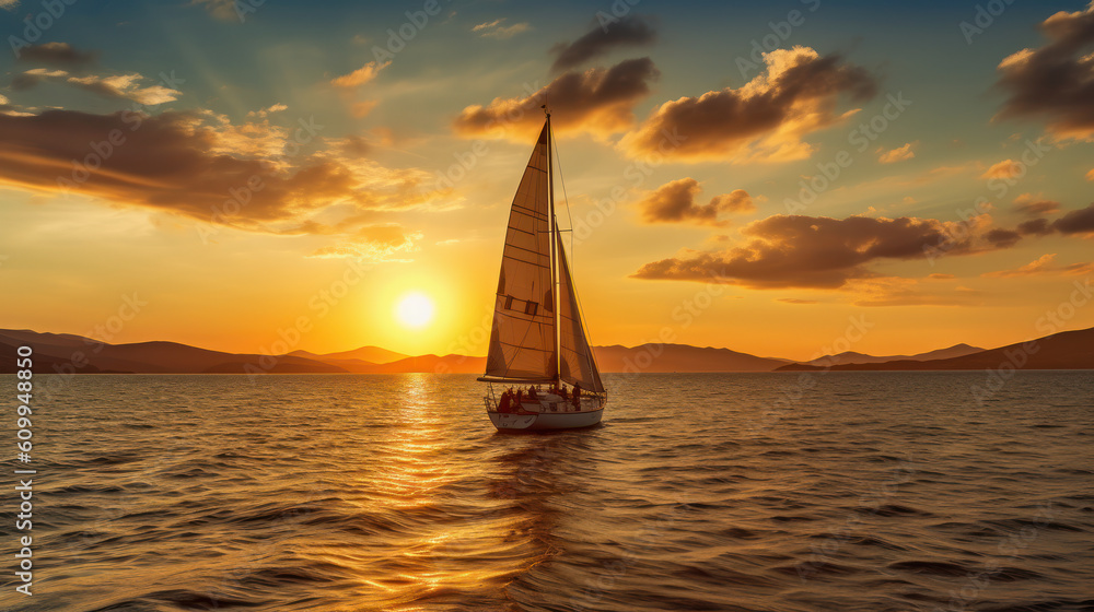 Golden Sails: A Timeless Encounter of Sailing Yacht and Sunset. Generative AI