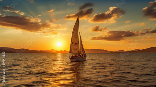 Golden Sails: A Timeless Encounter of Sailing Yacht and Sunset. Generative AI