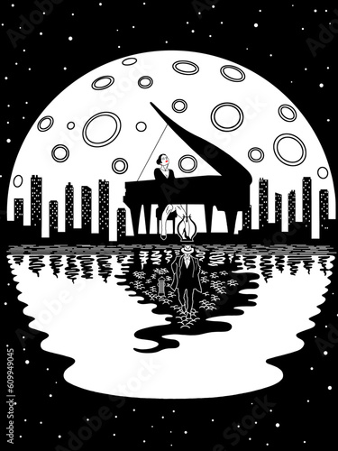 A beautiful woman plays the piano against the background of the moon. A metaphor. City. Night.