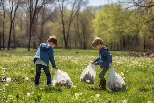 Children Helping Clean the Park for Earth: Picking Up Trash, Generative Ai
