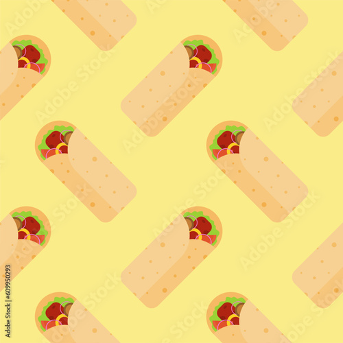 shawarma kebab seamless pattern vector illustration. Arabic eastern toasty doner kebab meal. Shaurma or burrito business emblem flat vector illustration
