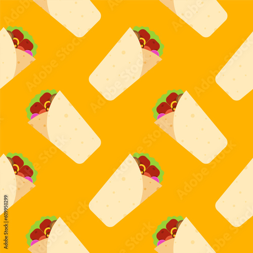 shawarma kebab seamless pattern vector illustration. Arabic eastern toasty doner kebab meal. Shaurma or burrito business emblem flat vector illustration