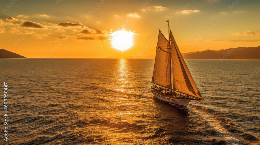 Sunset Serenade: A Sailing Yacht's Dance with the Golden Sun. Generative AI