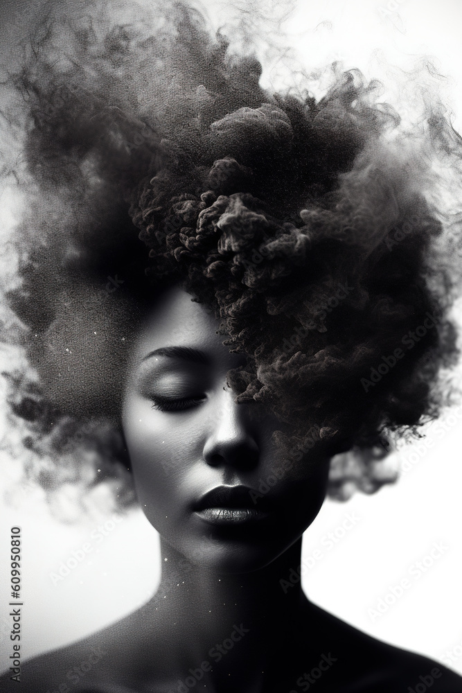 Woman in the clouds of smoke and dust. Stunning photorealistic portrait. Generative art