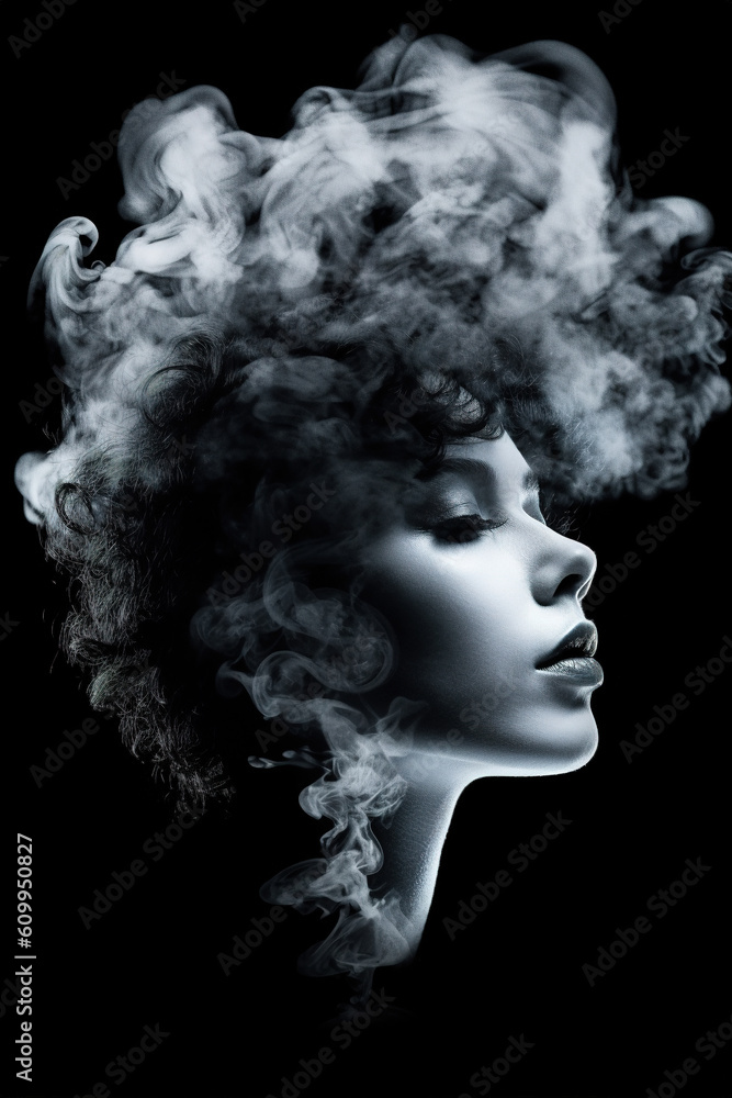 Woman in the clouds of smoke and dust. Stunning photorealistic portrait. Generative art