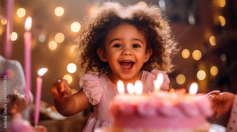 African curly girl in pink rejoices with a birthday cake. Burning candles in a cake. Generative AI technology African curly girl in pink rejoices with a birthday cake. Burning candles in a cake. Generative AI technology