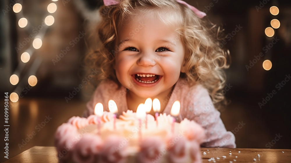 Cute little girl in pink rejoices with a birthday cake. Smiling. Blurred background. Burning candles in a cake. Generative AI technology Cute little girl in pink rejoices with a birthday cake. Smiling. Blurred background. Burning candles in a cake. Generative AI technology